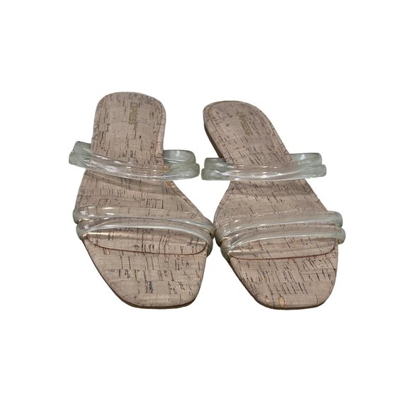 Express Clear Strap Slide Flat Sandals Womens 8 Open Toe Cork Cream Summer - Picture 2 of 8